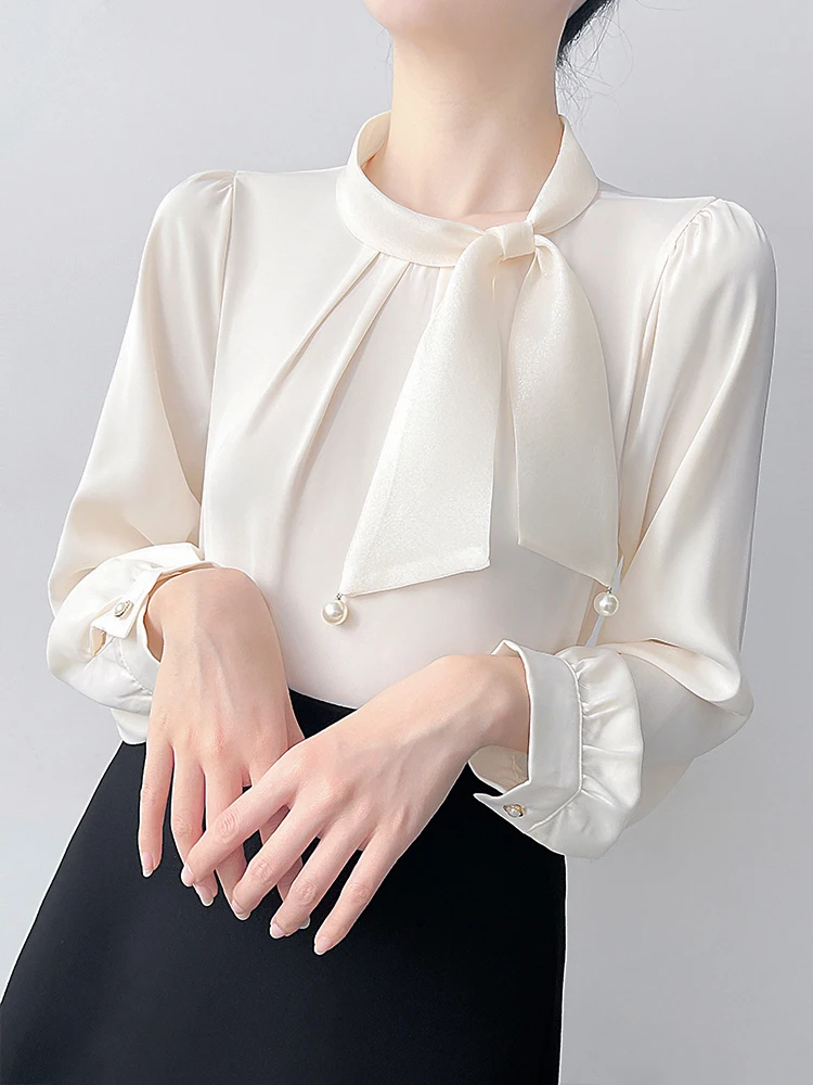 

Ele Anti-Wrinkle Silk Women's irt Knot Commute OL irt Comfortable Breathable Long Sve Straight Cut Korea...