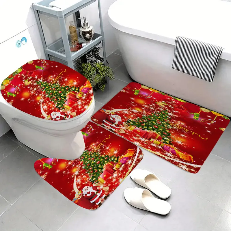 3pcs Christmas home bathroom floor mats Bath mat Snowman bathroom accessories rug Toilet mat Bathtub anti-slip carpet