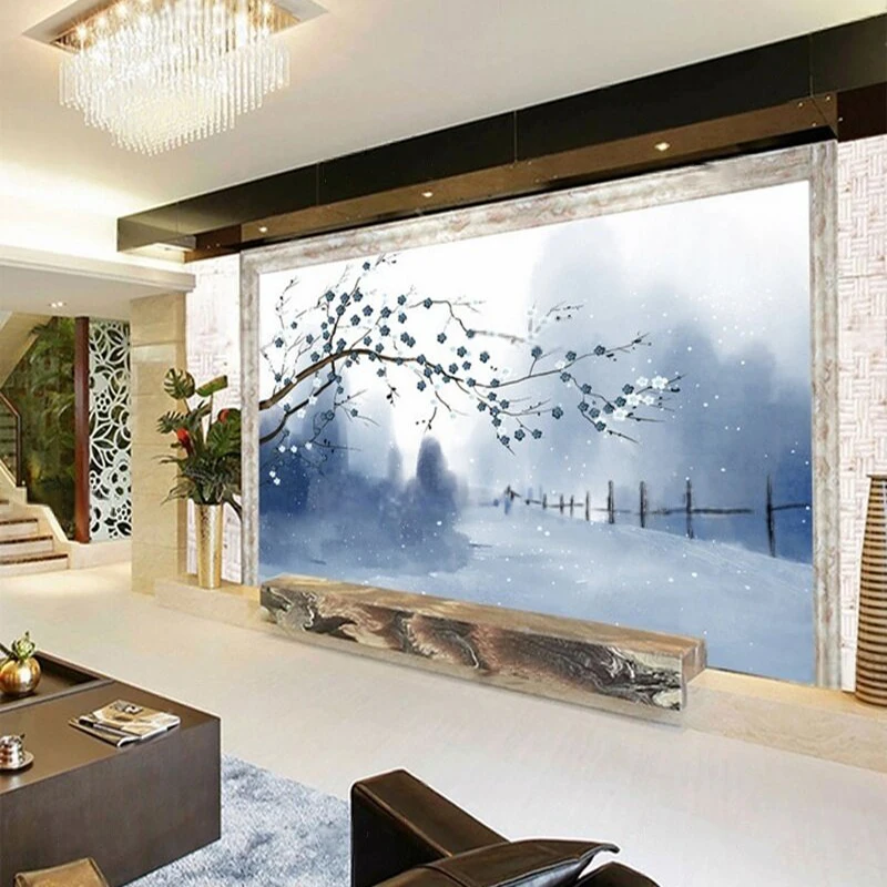 Modern Minimalist Elegant New Chinese-Style Hand-Painted Plum Blossom Snow TV Bedroom Wall Sticker Mural Background Wall