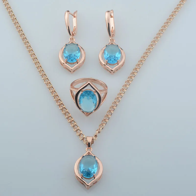 FJ Women 585 Rose Gold Color Blue Cubic Zircon Pendant Earrings Rings Set Jewelry