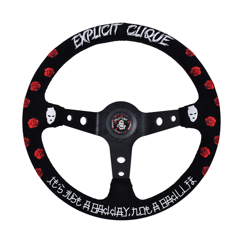 

JDM 350MM Rose Embroidery Sports Steering Wheel Deep Concave Suede Racing Steering Wheel With 6 Hole Design Horn Button
