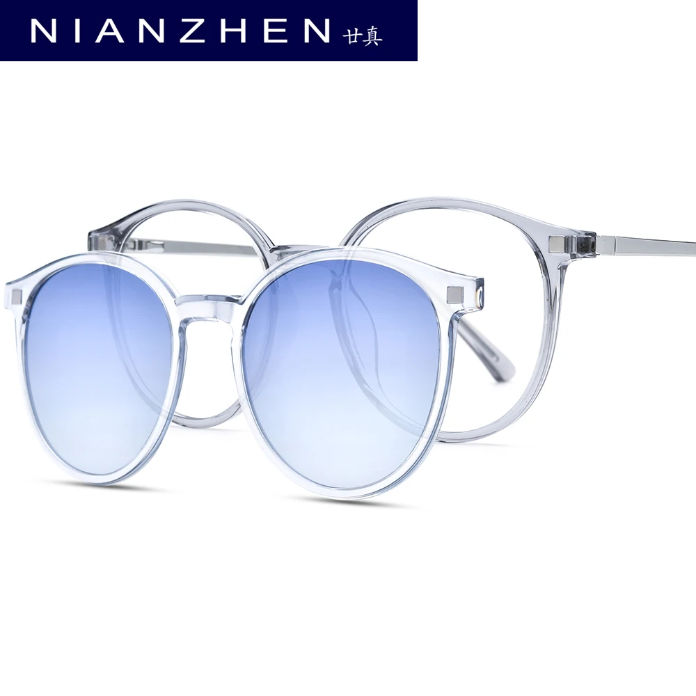 NIANZHEN TR90 Alloy Glasses Frame Men Round Magnet Clip Eyeglasses Gradient Polarized Sun Lens Women Ultralight Eyewear 2186