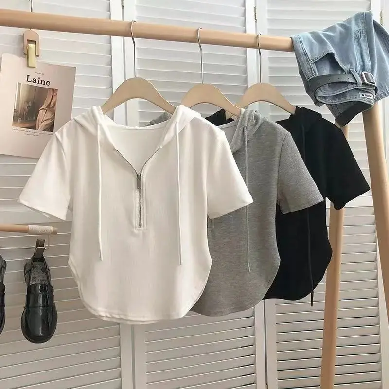 Summer New Style Pure Desire Short Hot Girl Women's T-shirt Zipper Drawstring Hoodie White Short Sleeve  Color Top