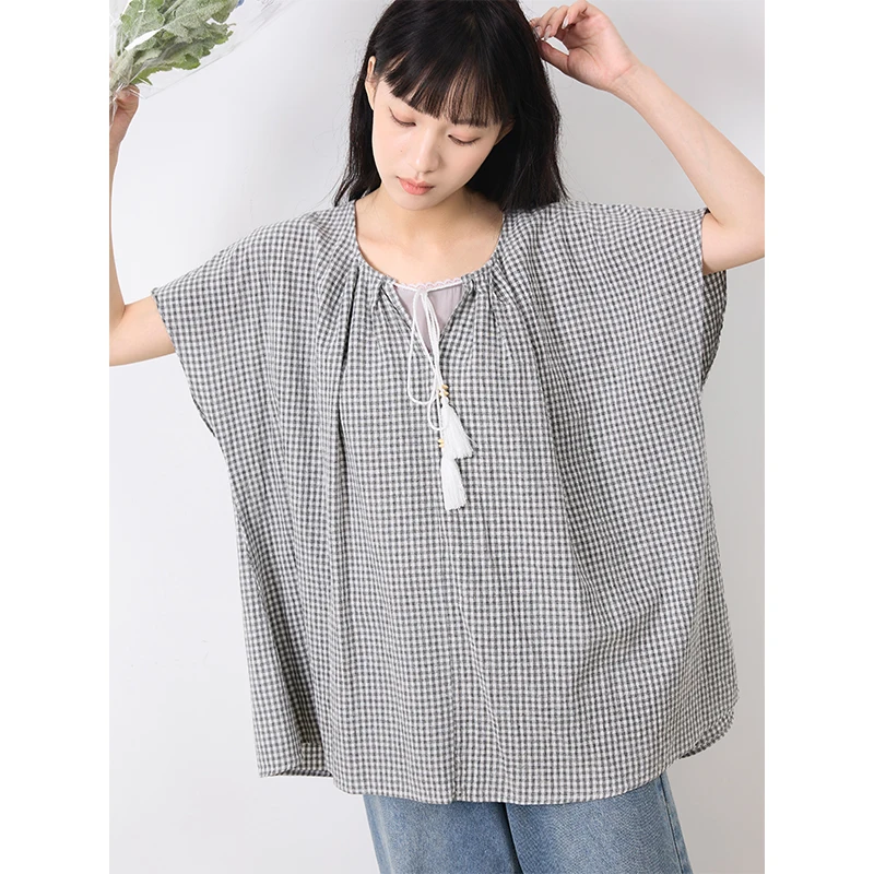 

Летний свободный топ-накидка Annuus Holiday Gingham с цветным тканым узором, ручной работы, с бахромой, 80% хлопок, 20% лен, короткий рукав, круглый вырез