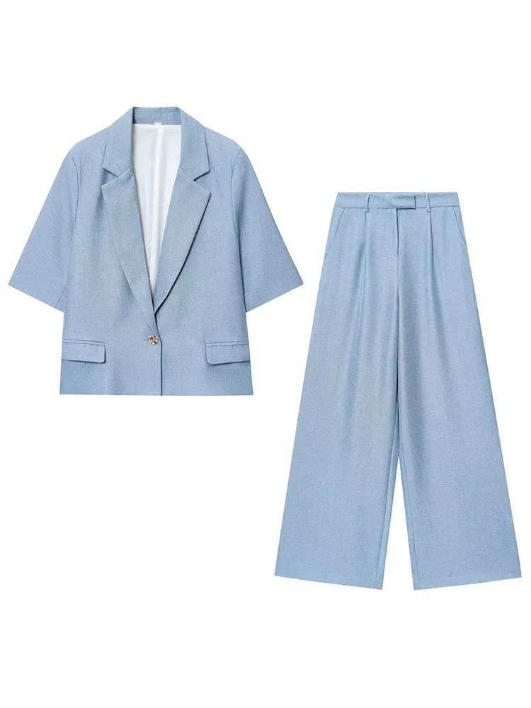 

2025 женский летний брючный костюм, комплекты из 2 предметов, повседневные однотонные свободные пиджаки и брюки, женские элегантные уличные две костюмы, одежда