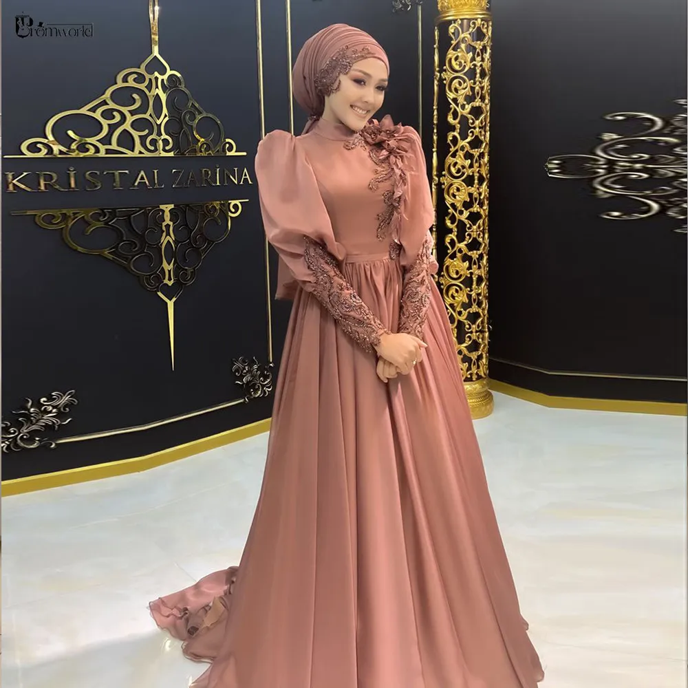 

Moroccan Caftan Long Sleeve Hijab Evening Gown Chiffon Beaded Appliques High Neck Formal Dress Muslim Robes De Soirée