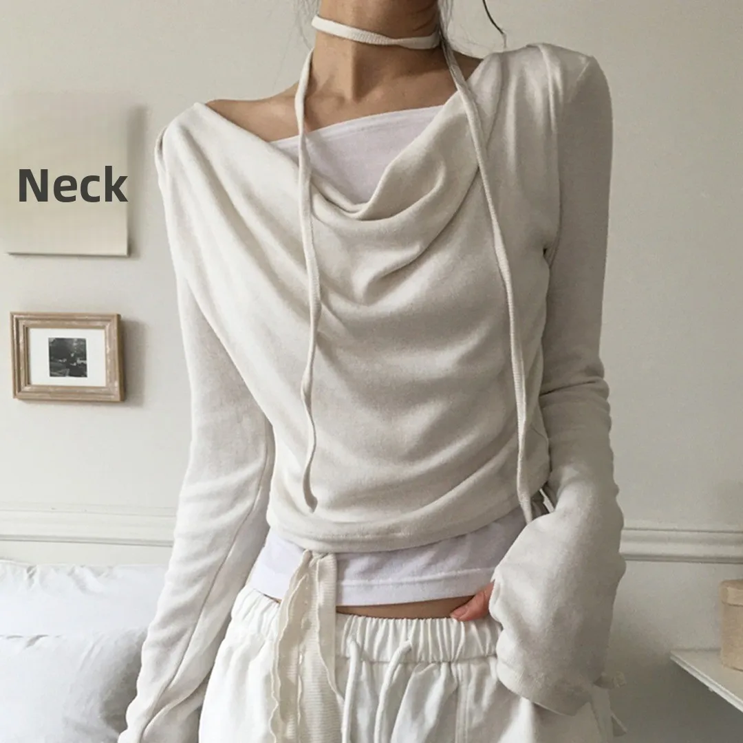 

Slim Fit Long Sleeve T-Shirt Women's Spring Design Sense Sash Hanging Neck Swing Slimming Versatile Fake Two-Piece Trendy