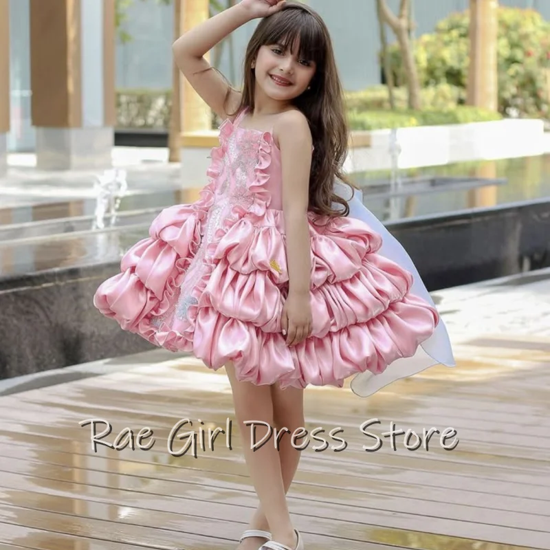 Girls Lolita Princess Party Dress Summer Bow Pink Puff Cake Style Children's Fashion Show Costume Model Vestidos