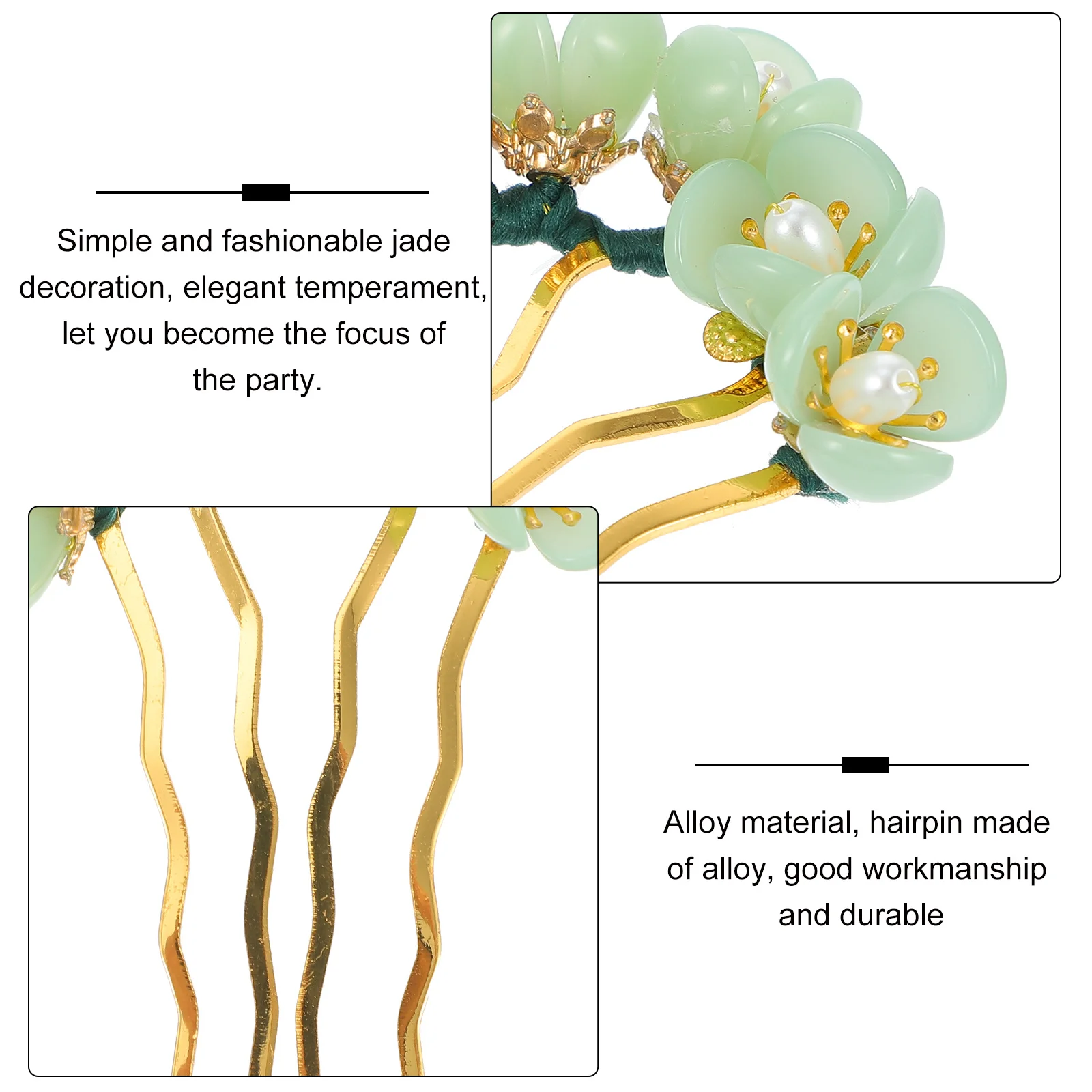 

1Pcs Jade Flower Hairpin Elegant Double Gold Plated Ancient Chinese Hair Stick for Women Party Wear Daily Hairstyle Decorative