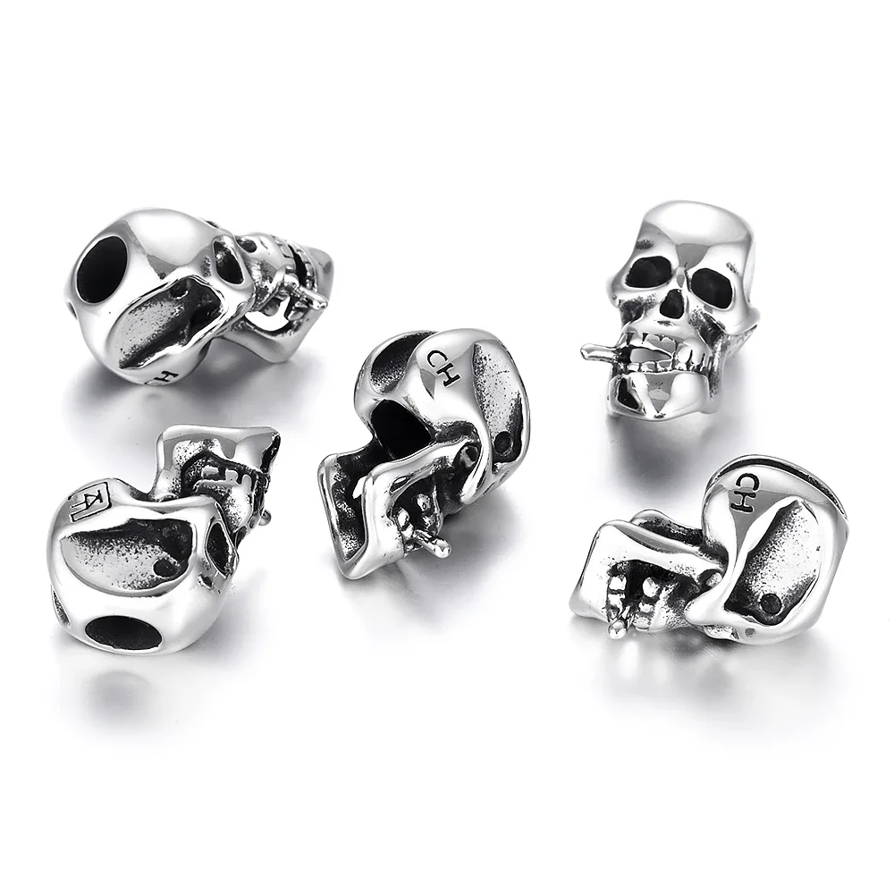 Stainless Steel Beads Skull Metal Large Hole 6mm Charm Slider DIY Men Bracelet Making Supplies Handmade Jewelry Findings