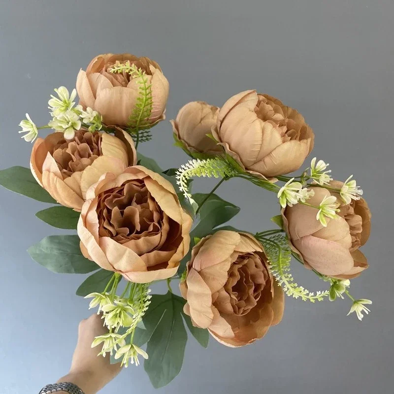 3/4 Stück Hochzeits-Pfingstrosen in Rosa, herzförmig verpackt, künstliche Blumen, 7 Blütenköpfe, Pfingstrosenstrauß, Seidenblumen, Heimdekoration – Detail 17