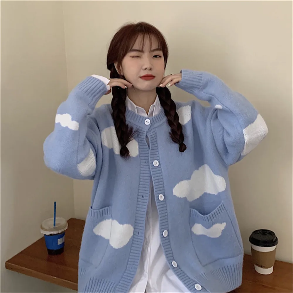 Cloud Blue Women Sweet Cardigan Winter Autumn O-Neck Button Long Sleeve School Girl Preppy Style Knit Coat Jacket Streetwear