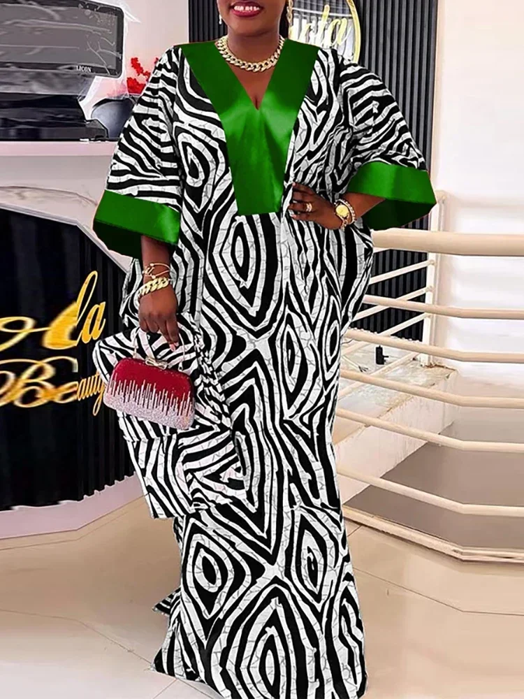 VONDA Vrouwen Plus Size Jurken Vintage Flare Mouw Satijn Maxi Zonnejurk V-hals Afdrukken Patchwork Lange Vestidos Party Gewaad 5XL