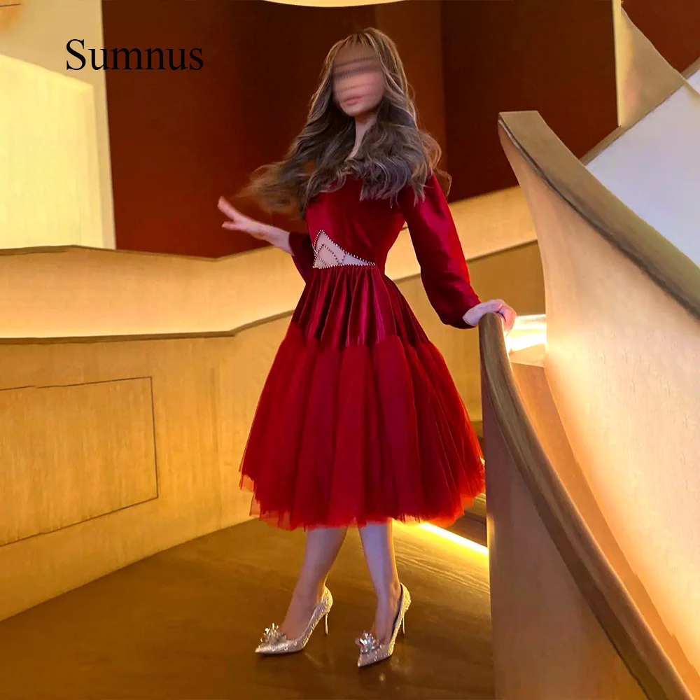 

Sumnus Burgundy Velvet A Line Prom Party Dresses Tiered Tulle Long Sleeve Arabic Prom Dress Beads Corset Midi Evening Gowns 2024