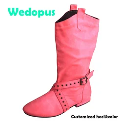 Wedopus Customized Heel Ballroom Dance Boots Bright Pink Boots for Dancing Practice D ance Half Long Boots