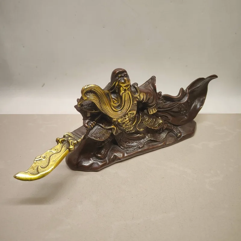 Antique Bronze Gong Statue Ornament, Martial God of War Guan Yu Pen Holder, Living Room Craft
