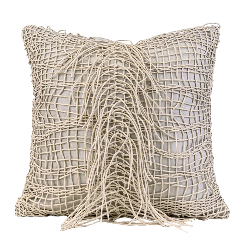 NEW Cushion Cover Unique Design Hand Woven Beige Tassel Suede Fabric Modern Simple Home Decoration Pillowcase Upgrade Your Style