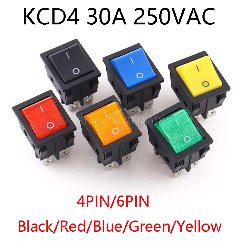 KCD4 AC 30A 250V Rocker Switch 25x31mm ON-OFF 2 Position 4/6 Pins With Light Power Switch