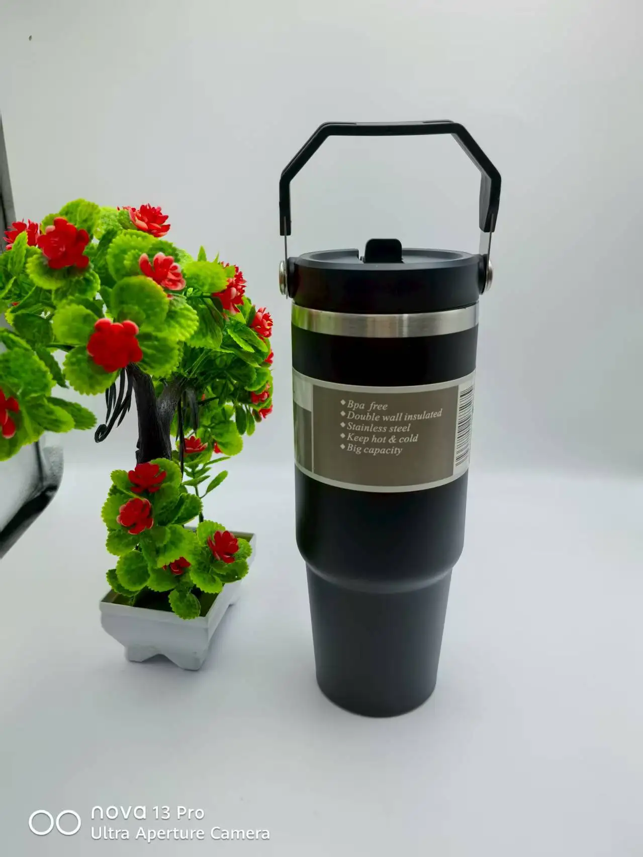 30 oz tumbler with handle and straw | Cup holder for travel | Insulated stainless steel cup | BPA- free |