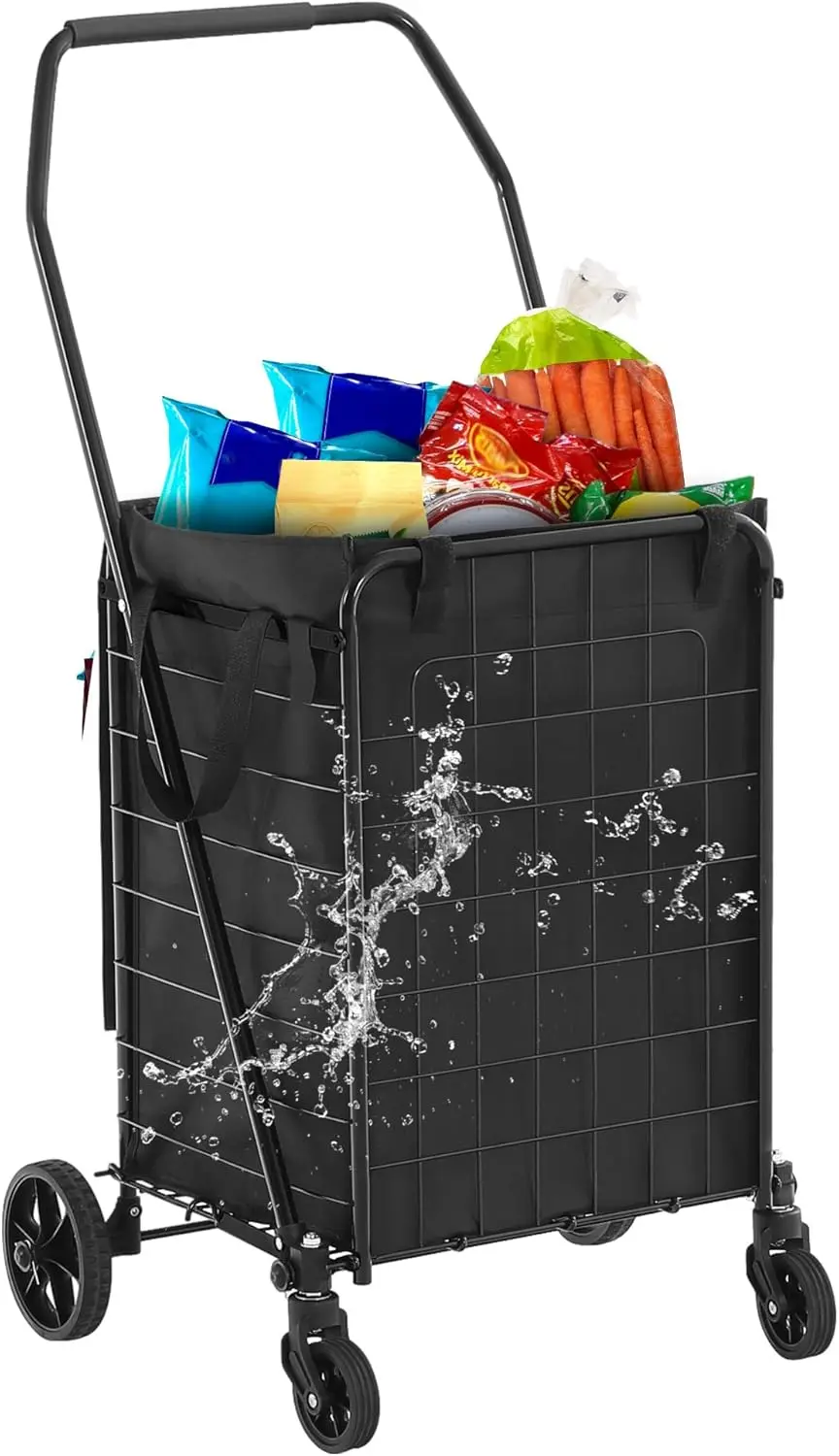 

Foldable Shopping Cart with Waterproof Liner, Collapsible Utility Cart with Wheels for Seniors, Portable Grocery Cart