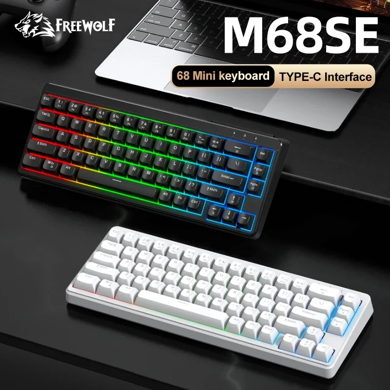 FREEWOLF M68SE Mini Keyboard Kabel RGB Backlit Tipe-C Kompak untuk Game dan Kantor, Layout 68% Ergonomis, Keyboard Portabel, Aksesoris PC