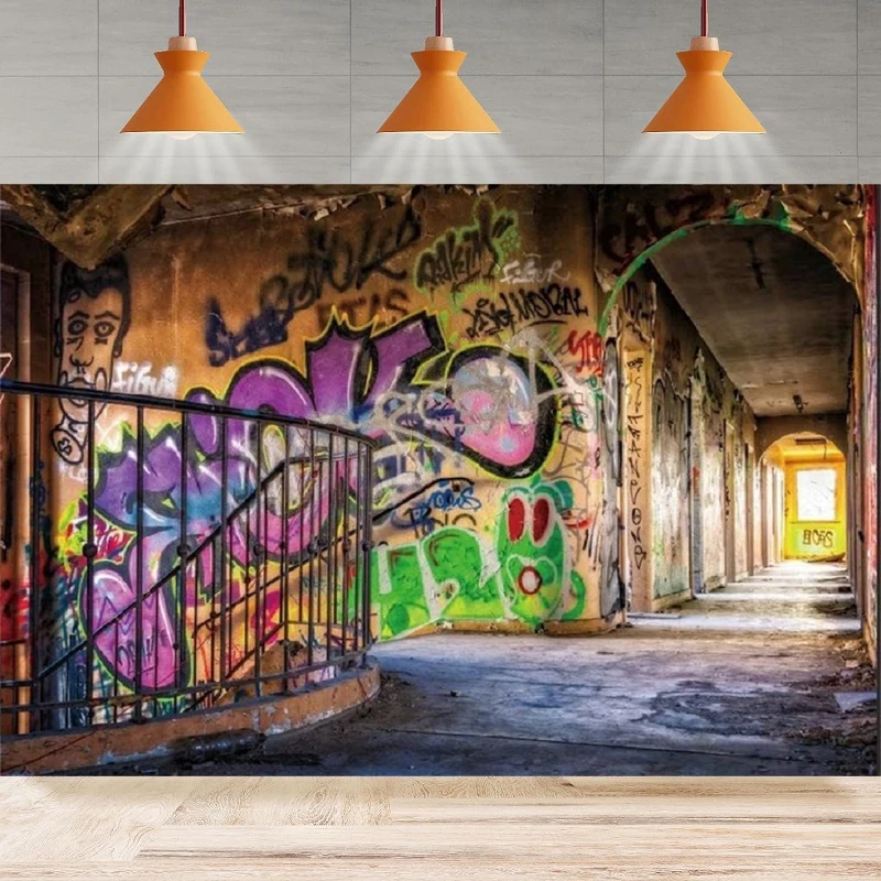 Urban Street Graffiti Wall Photography Backdrop Retro Abandoned School Building Background Home Party Backdrop Wall Banner Decor