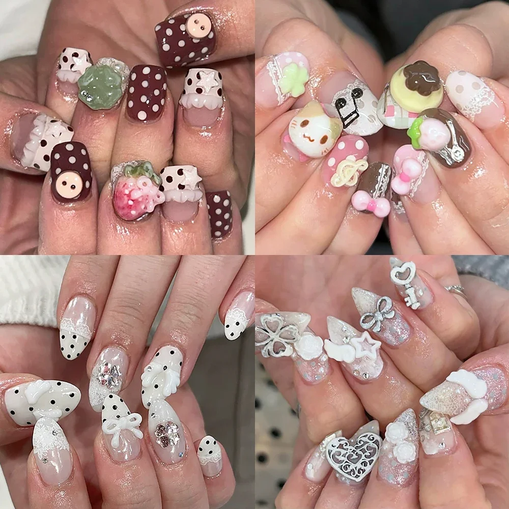 

Y2K Handmade Short Almonds Wearable Press On Nails Polka Point Strawberry Wing Flower Four-Leaf Clover Musical Notes Fake Nails