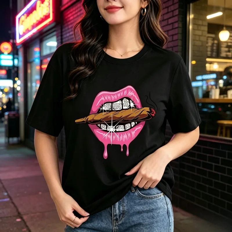 Pink Lips Cigar T Shirt Women Diamond Teeth Modal Tee Casual Short Sleeve Tops Streetwear Female Gift for Her