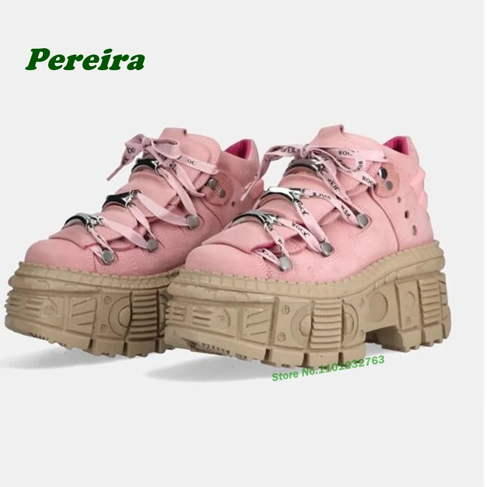 Spanish Thick Soled Punk Shoes Contrasting Metallic Round Toe Pink Platform Ankle Boots Lace Up Women's Shoes Winter Spring Sexy