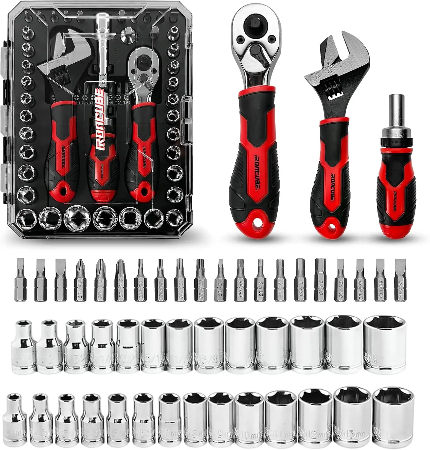 

53-Piece Socket Ratchet Wrench Set with 20-in-1 Screwdriver & 2-in-1 Adjustable Wrench for Auto Repair, Garage, Home, Dorm