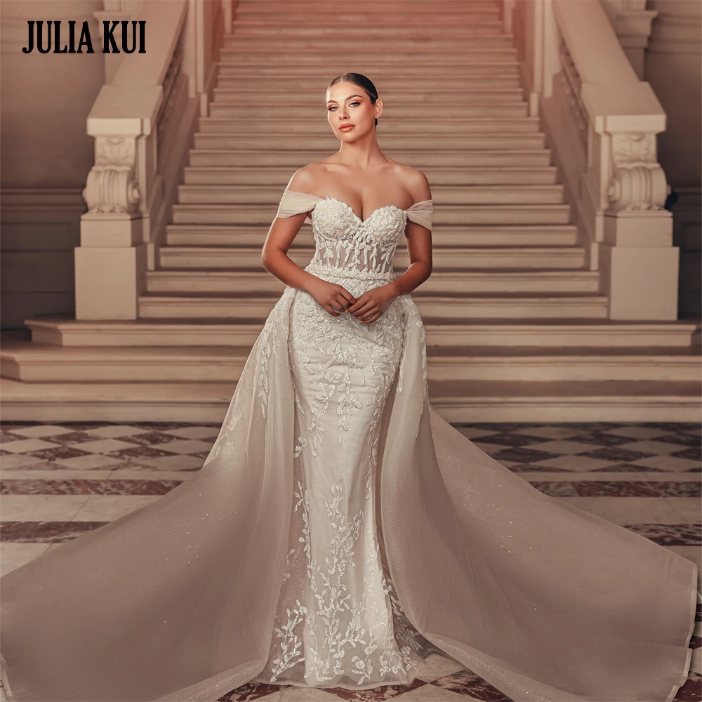 Vestidos de novia elegantes de tul brillante con hombros descubiertos, escote en forma de corazón, sirena, apliques bordados con cuentas, encaje, vestido de novia 2 en 1