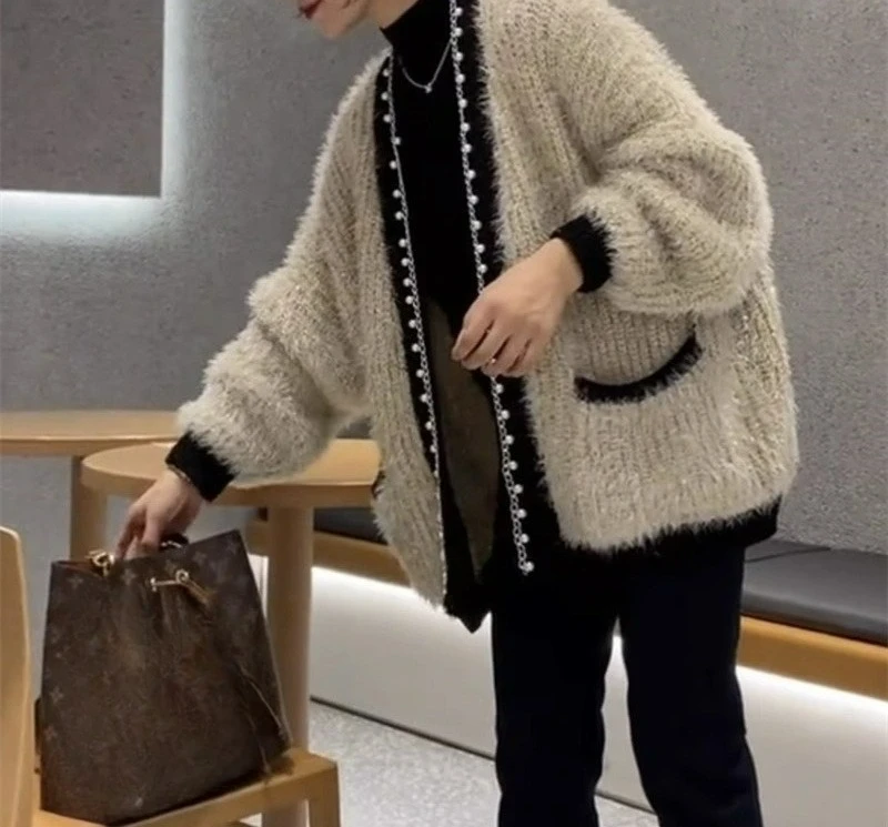 

Autumn New Bright Silk Plush Cardigan Jacket 2026 Plus Size Fashionable Lazy Style Knit Sweater