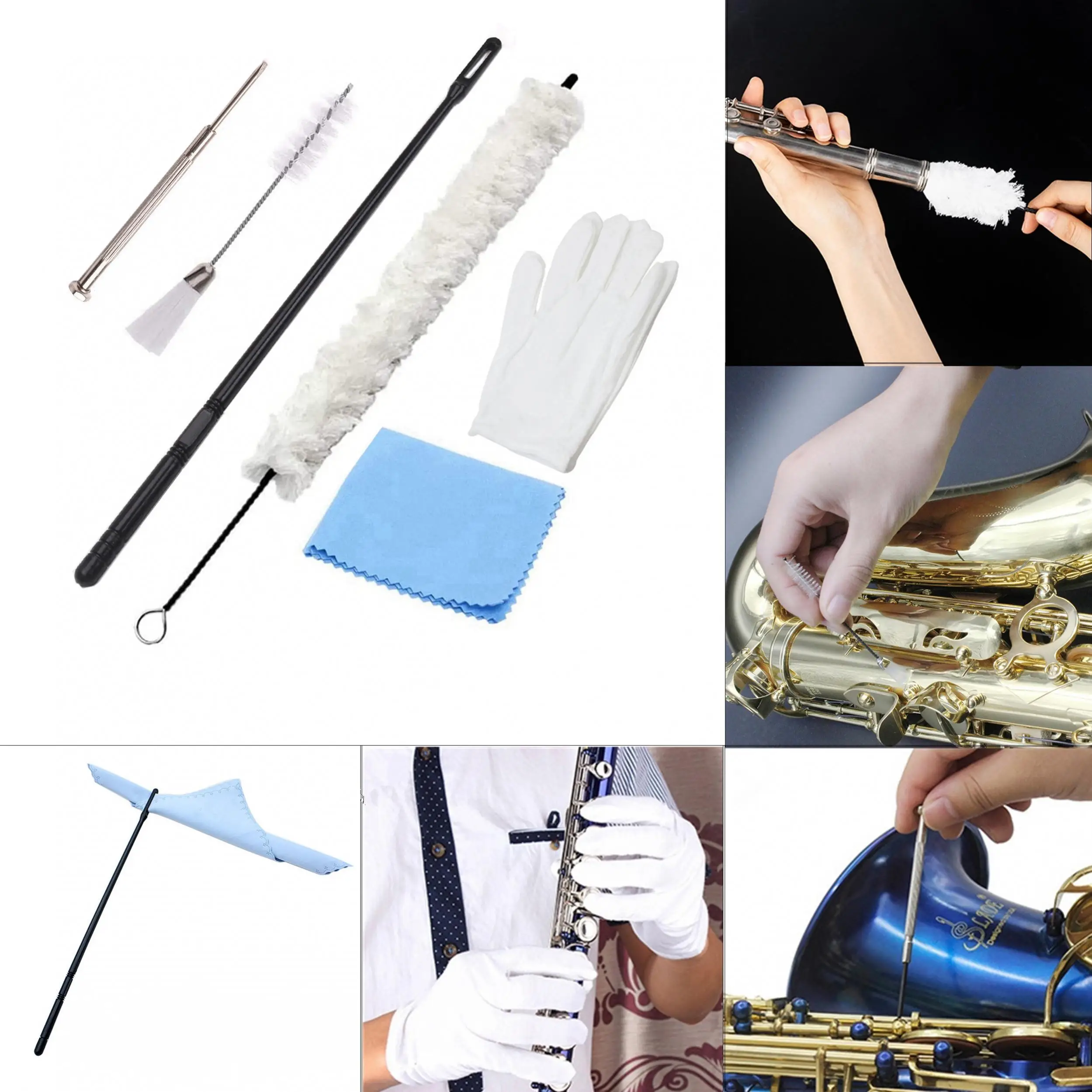 7Pcs Multifunctional Flute Saxophone Clarinet Flute Cleaning Kit with Cleaning Brush /Rod /Screwdriver /Gloves /Cloth