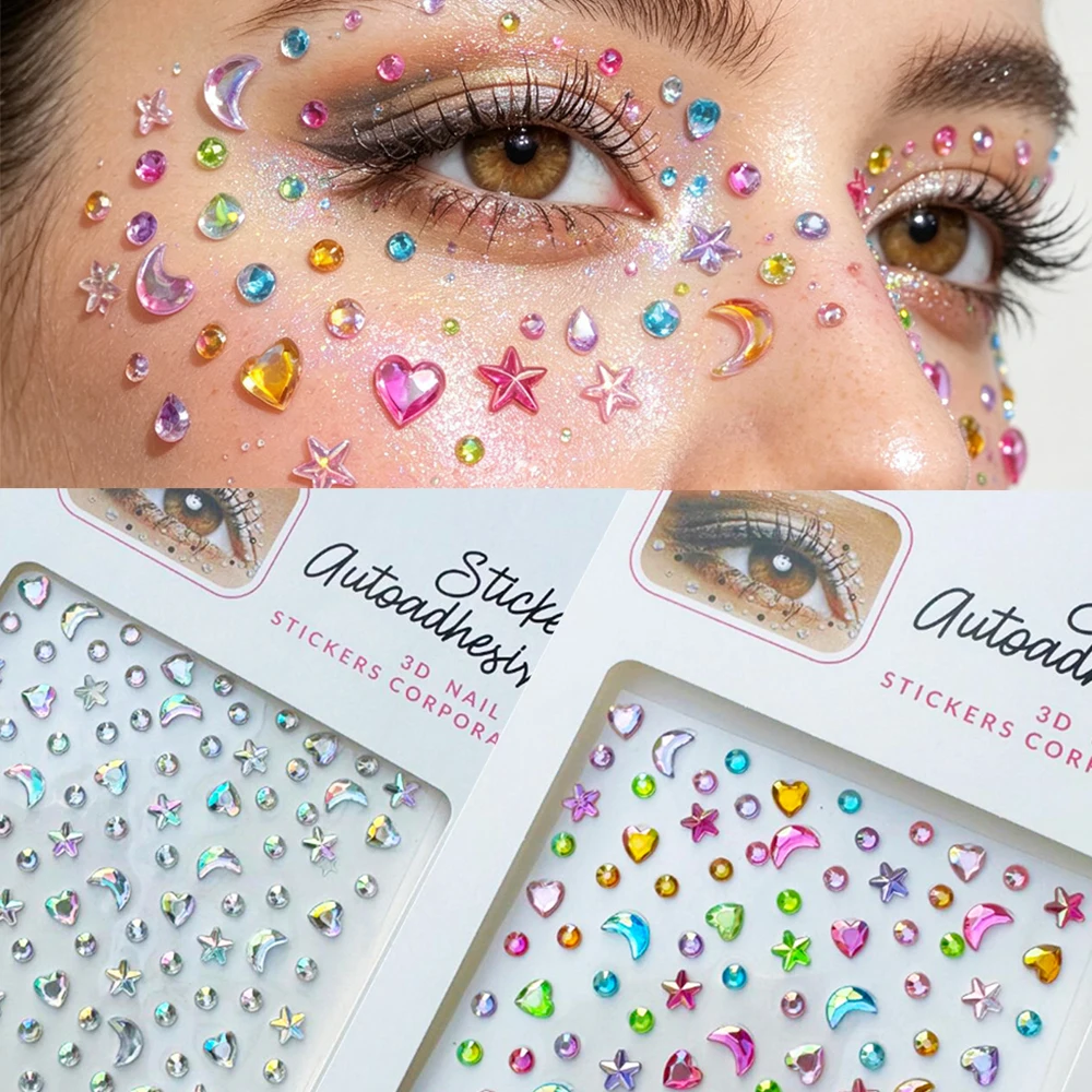 2/1Pcs Bling Star/Moon/Heart/Round Face/Body Gems Sparkling Rainbow AB Rhinestone Crystal Face Gem Sticker Festival Makeup Deco