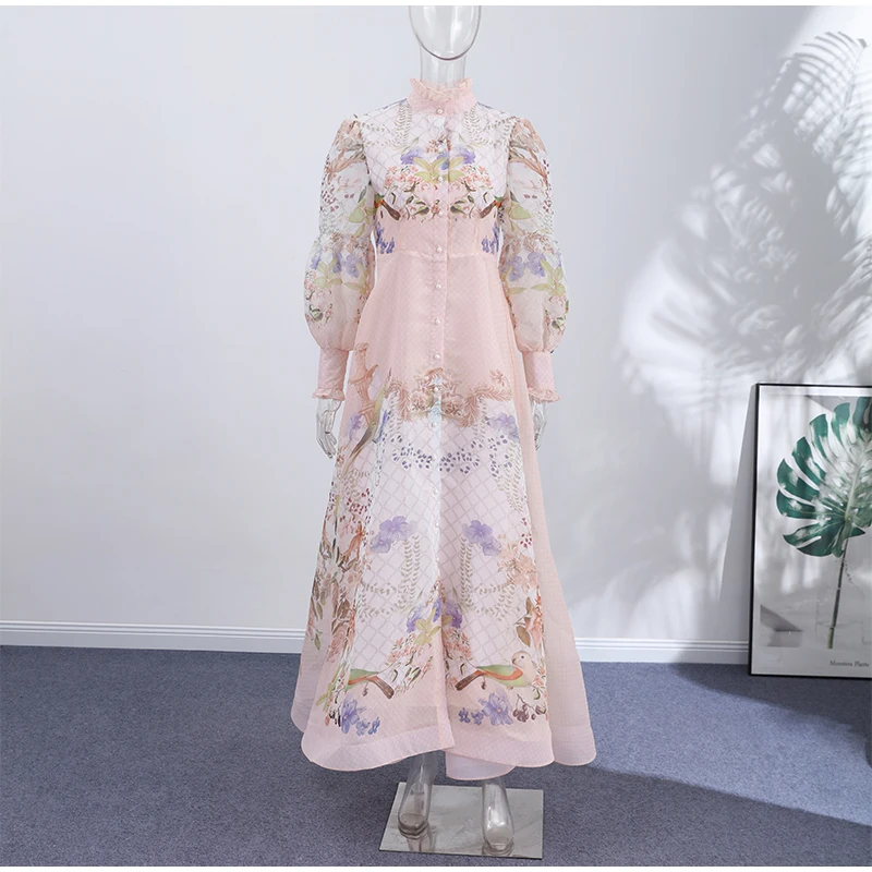 Elegant Floral Printed Women's Dress Stand Collar Full Puff Sleeve A-line Long Dresses 2026 Summer Vacation Party Lady Robes