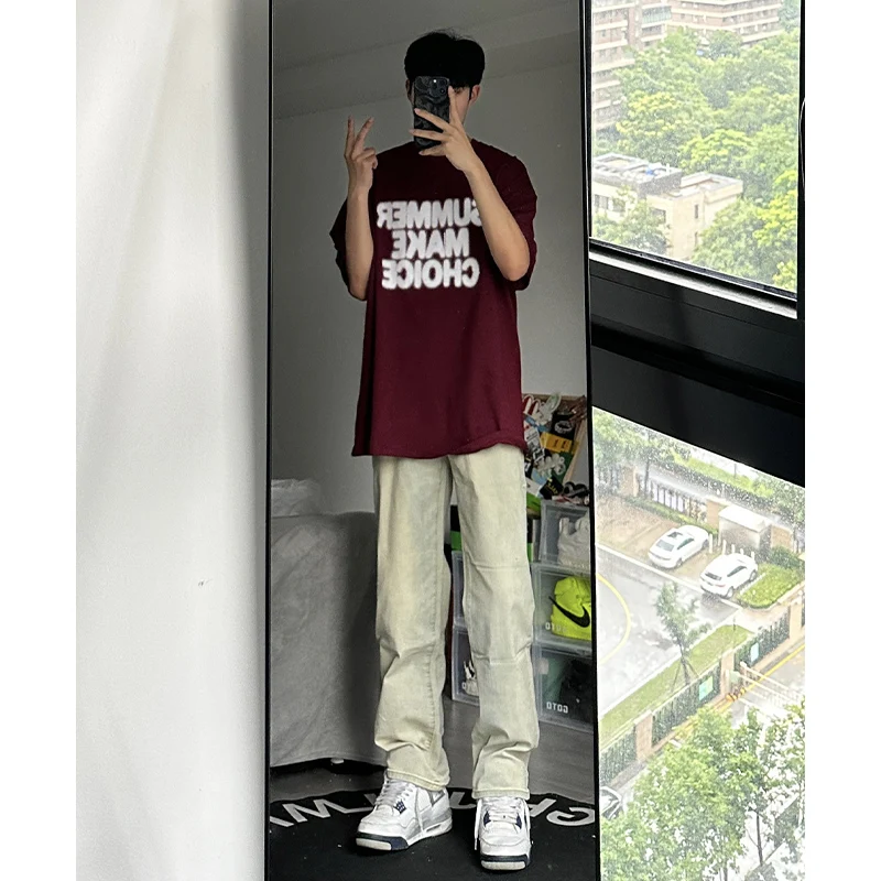 

Cleanfit Men's Slim Straight Leg Jeans Washed Yellow Mud American Retro Style High Street Micro Flare Long Trousers