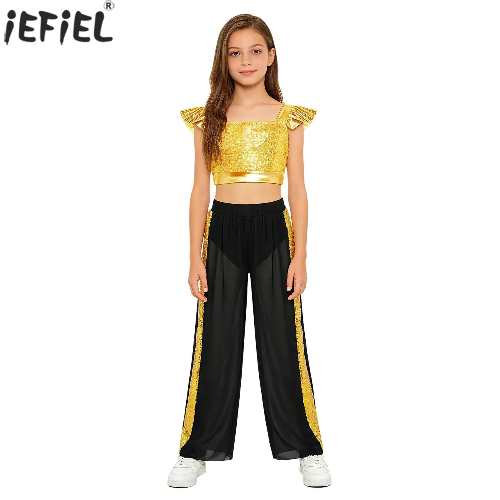 Kid Girls Jazz Dance Performance Outfit Shiny Sequin Metallic Crop Top with Chiffon Wide-Leg Pants Cheerleading Modern Dancewear