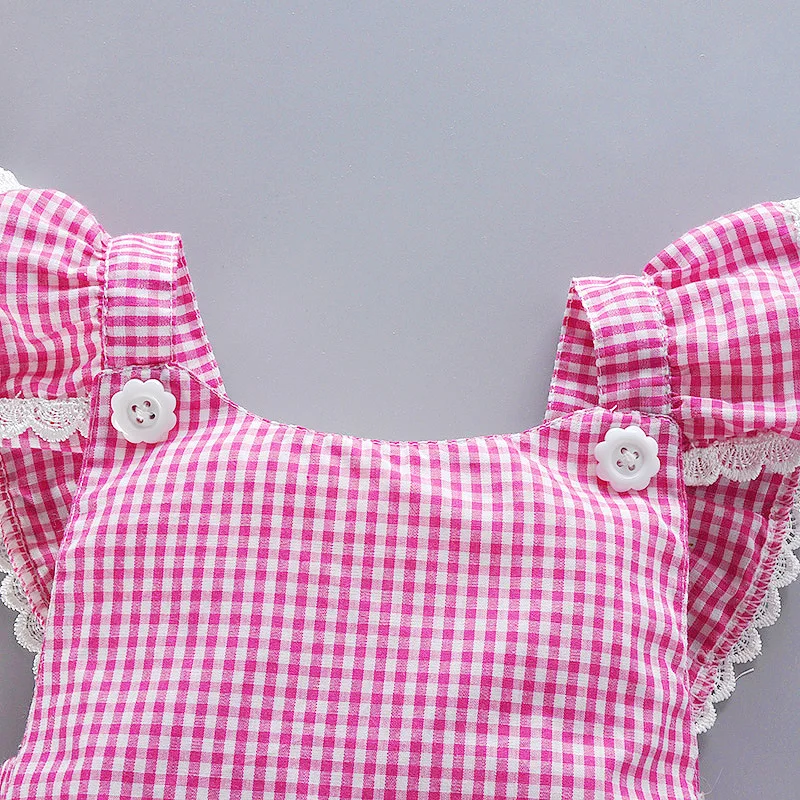 Newborn Summer New Crawling Suit With Flying Sleeves  Plaid Pattern  Lace, Bow  And Buttocks  Suitable For Babies Aged 0-2