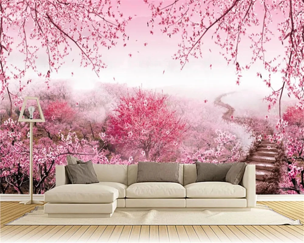 Customized pink cherry blossom peach blossom mural wedding room hotel wallpaper Living room TV background bedroom restaurant 3d