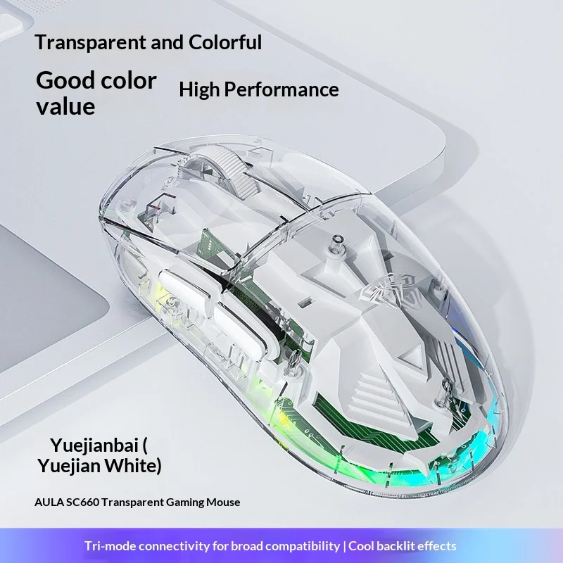 AULA SC660 Tri Mode Transparent Wireless Gaming Mouse 2.4G Bluetooth RGB Backlit Ergonomic For PC Laptop E Sports Gamers