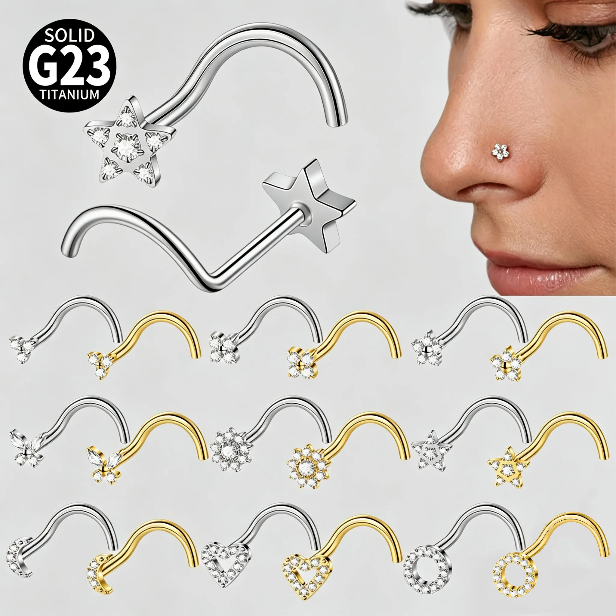 9pcs 20G G23 Titanium 5-Shape Curved Hook Nostril Piercing Stud Sparkly Crystal Zircon Nose Ring Fashion Body Piercing Jewelry
