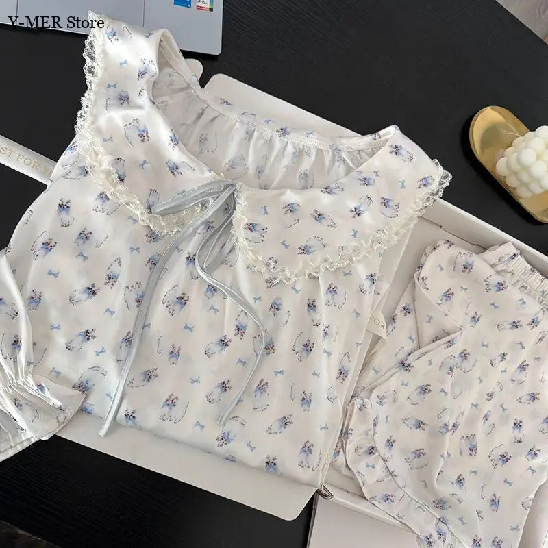 

Sweet Pajamas Suit Long Sleeve Ice Silk Home Clothes Princess Style Sleepwear 2 Pcs Loungewear Women Print Outfit Nightwear