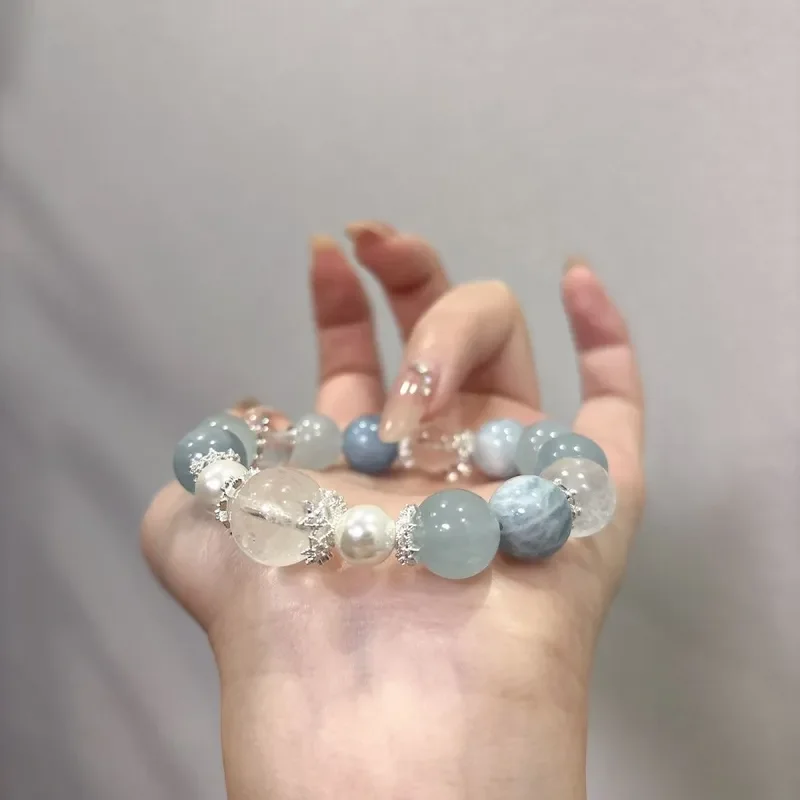 12Mm natural crystal bracelet, bracelet, white snowflake ghost aquamarine white, new large and small micron number gift