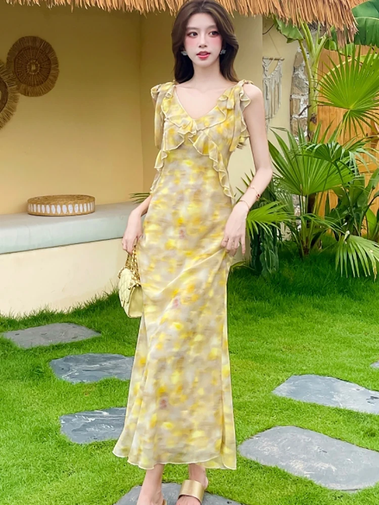 2025 nuevo vestido largo Floral elegante con volantes y cuello en V para mujer, vestido bohemio elegante informal para vacaciones, vestidos coreanos ceñidos de una pieza para verano
