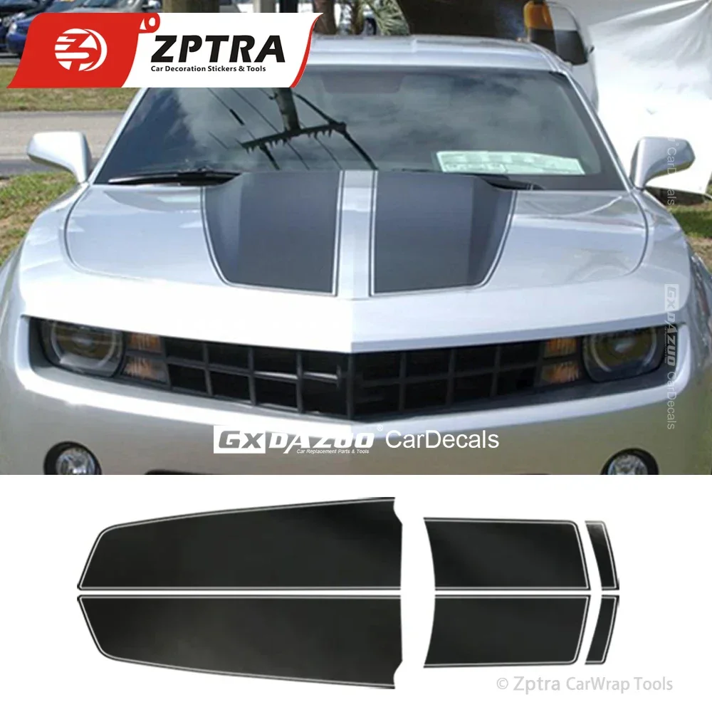 For- 2010 Camaro Rally Stripes Carbon Black Vinyl Graphics R-SPORT | 2010-2015 Hood Trunk Kit Premium Auto Vinyl Decals