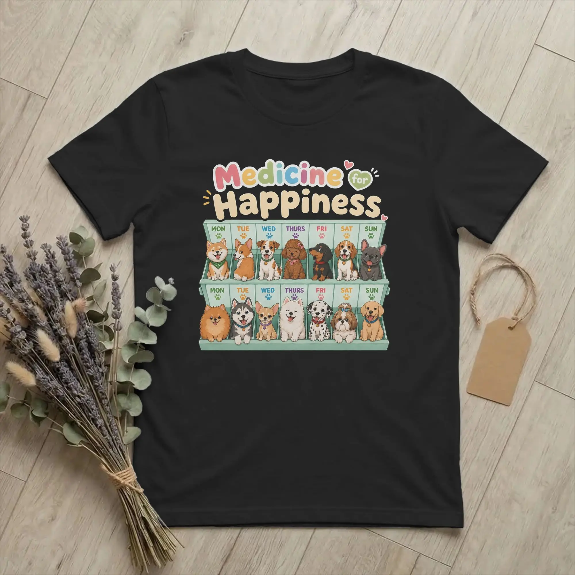 Cute Dogs Weekly Pill Organizer  T-Shirt For Men Women Cotton Tops Shirts Kawaii Happiness Medicine Crewneck Short Sleeve