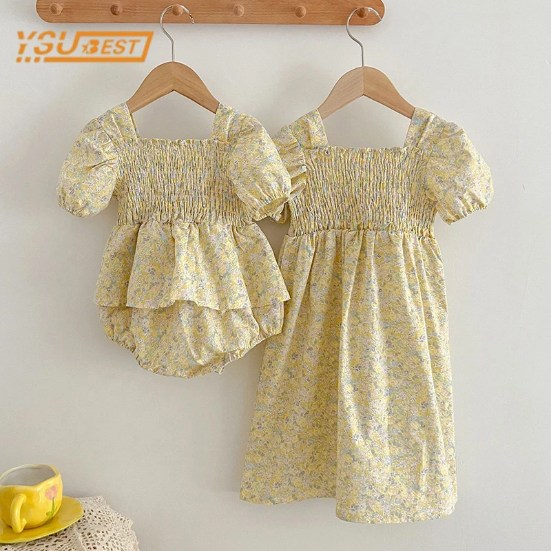Newborn Toddler Baby Girls Sweet Printing Jumpsuit Summer Baby Girls Short Sleeves Kids Princess Dress Girls Sister Clothes