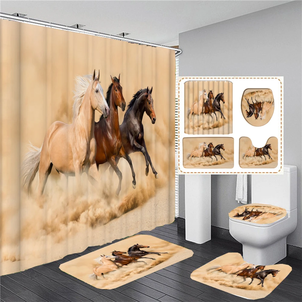 Running Horse Print Bathroom Set Shower Curtain with Anti-slip Flannel Bathing Mat Doormat Toilet Lid Cover Home Kitchen Carpet