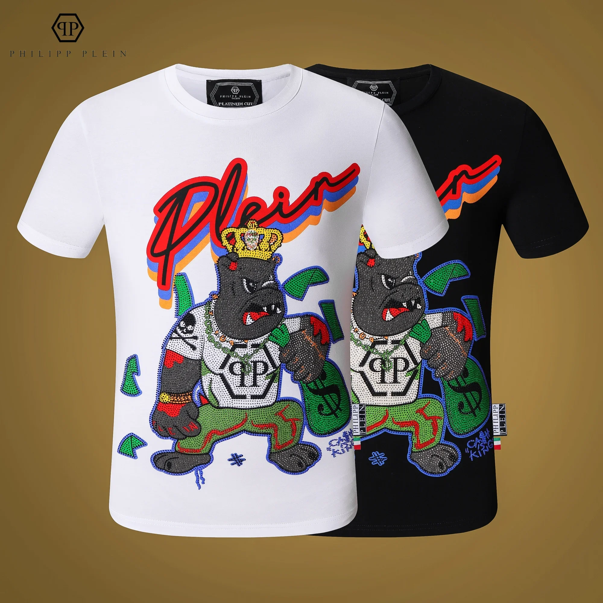 Philip Plein New Trend Personality Graffiti Cartoon Classic Retro Fashion Sports SummerDiamond Crew T-shirt Casual Outdoor Party