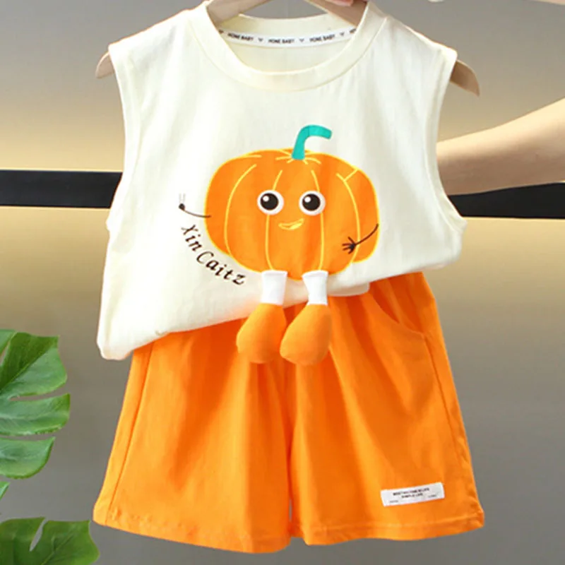 

2Piece Set Summer Kids Clothes Boys Korean Casual Cartoon Cute Pumpkin Sleeveless Cotton Tops+Shorts Baby Boutique Clothing B003